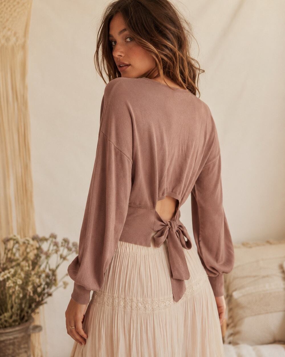 Nordstrom Open Edit | Brown Preppy Long Sleeve Tie Back Sweater Casual Knit